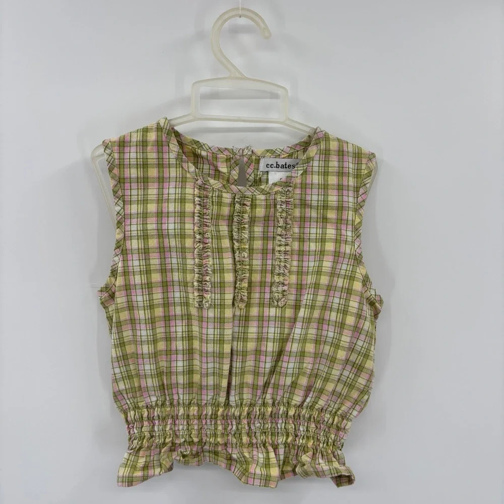 cc.bates Plaid Sleeveless Top Kids 6 Green Pink Ruffle Smocked Peplum Blouse